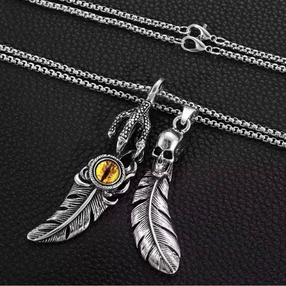 2 Pc Platinum Feathers W/ Skull & Eagle Eye & Talon Punk Bohemian Necklace Set - Picture 3 of 6